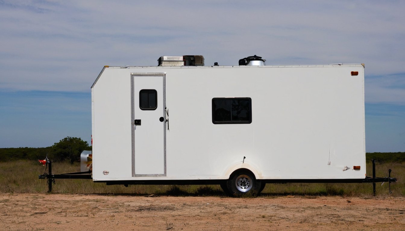 The trailer straight on from the door side in open country under a blue sky