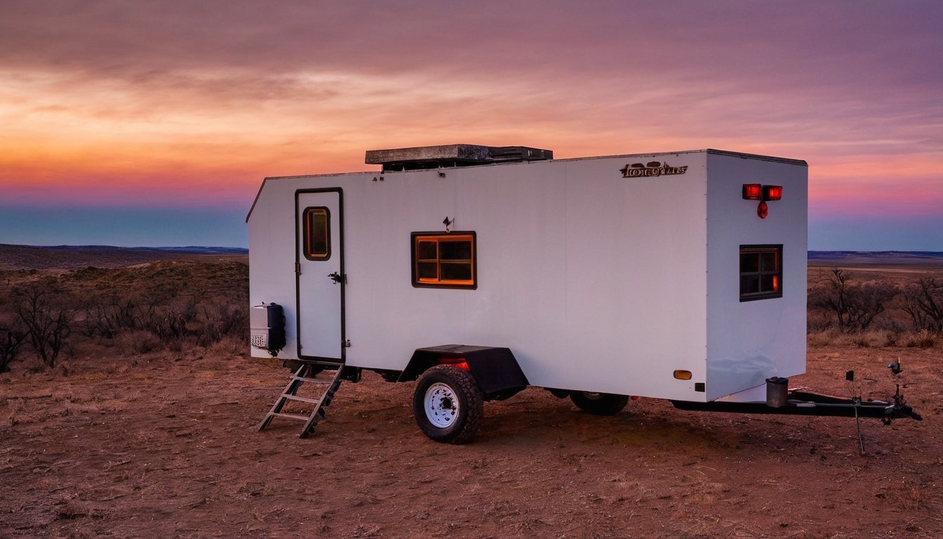 The trailer at dusk with warm light in the door window and side window, rolling brush country behind
