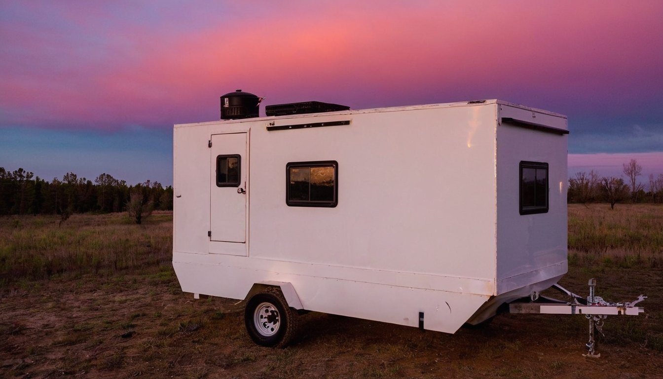 The trailer from the rear quarter at dusk with a pink cloud bank, tree line behind