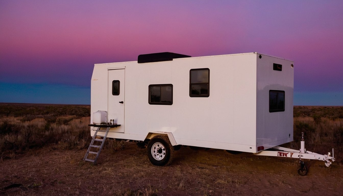 The trailer at dusk seen from the rear quarter under a pink and blue sky
