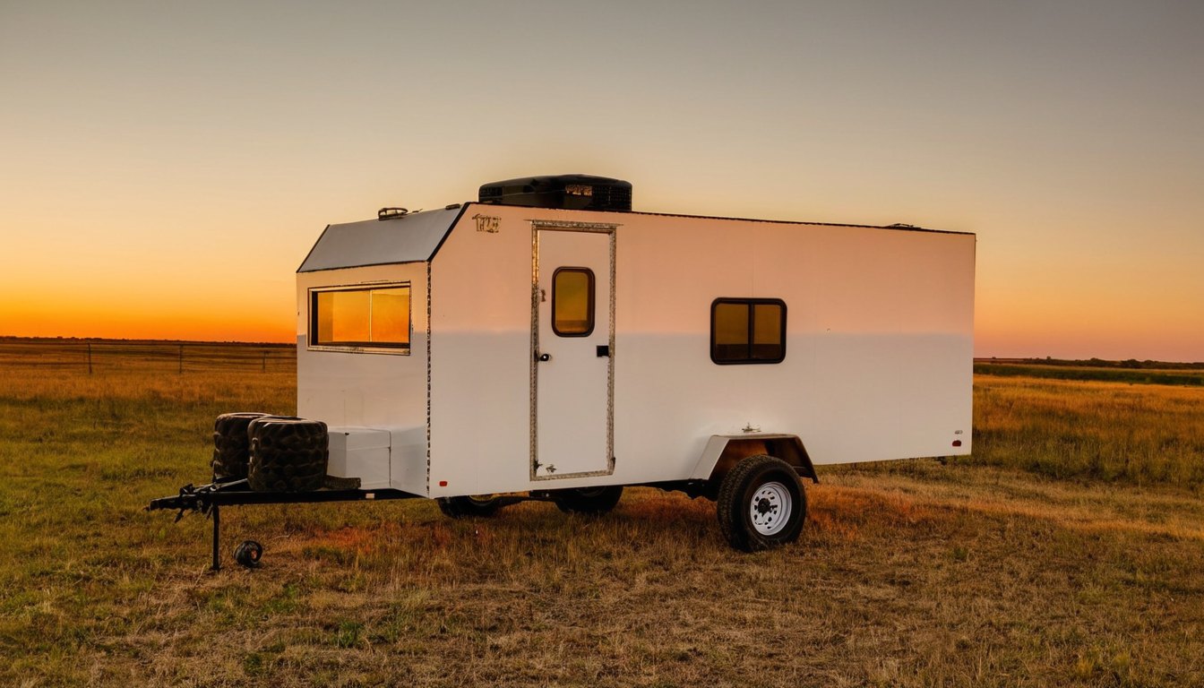 White boxy trailer with an angled front on dry Texas grass at sunset, door side toward the camera