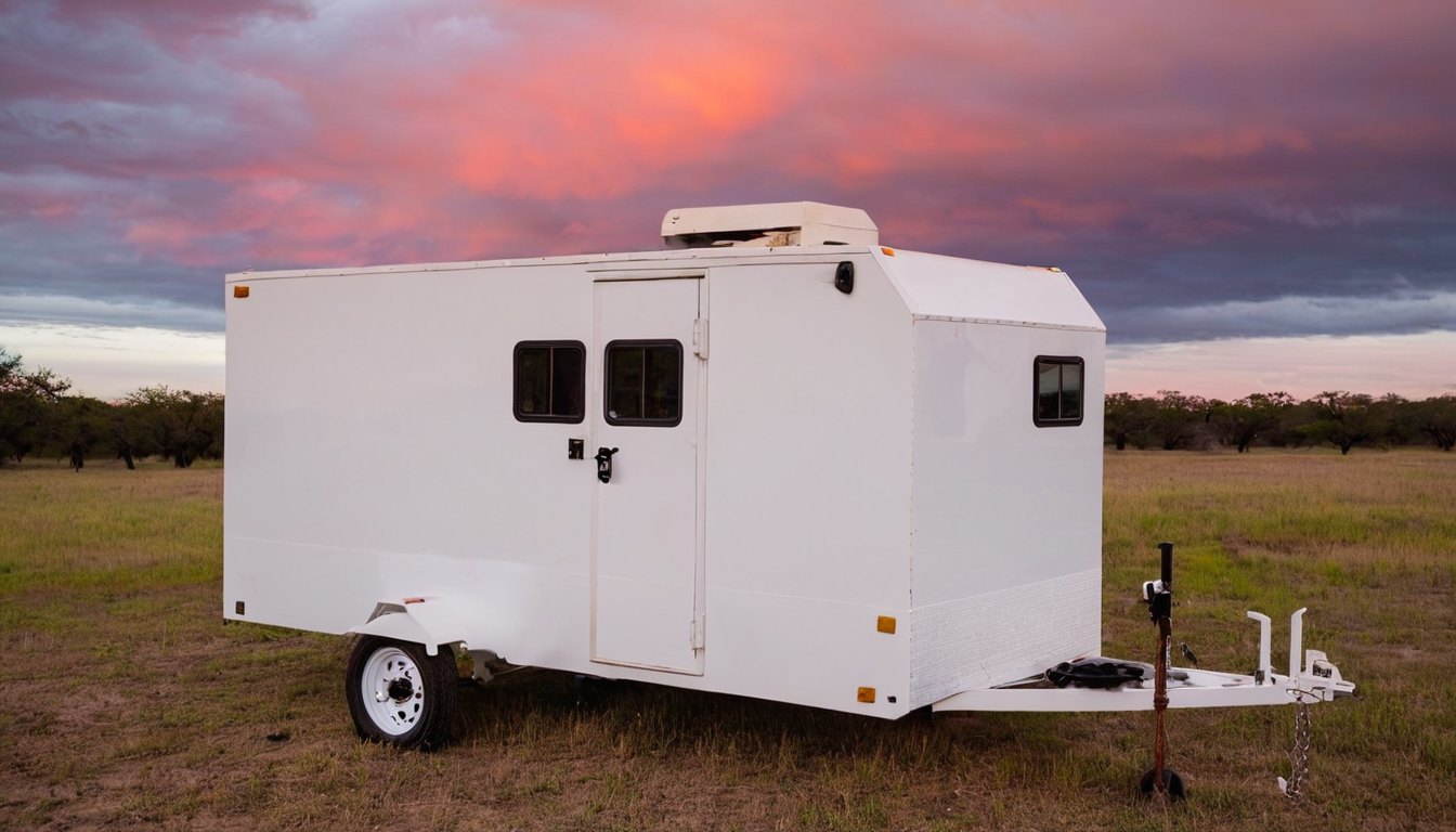 The trailer from the driver side front quarter under a pink sunrise sky, pasture and fence behind